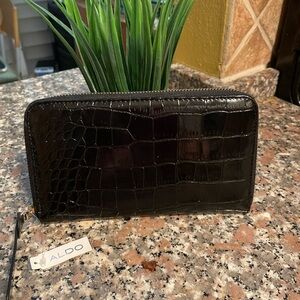 Aldo Black Faux Croc Embossed zip around wallet with many credit card pockets